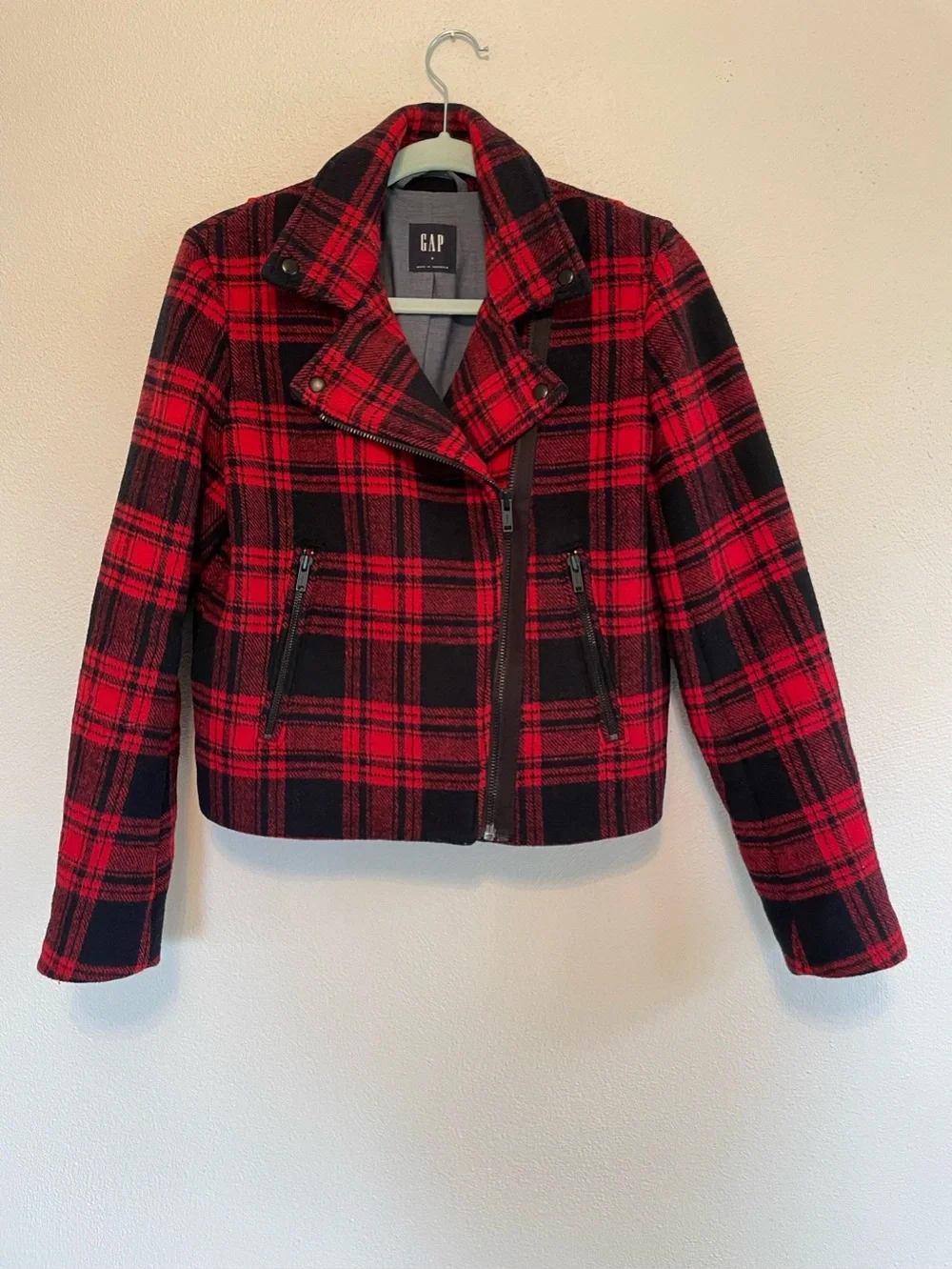Gap Red Buffalo Plaid Wool Blend Moto Jacket Grunge Zip small